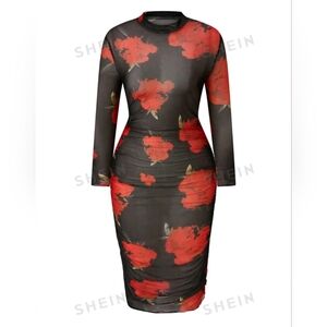 SHEIN Clasi Plus Size Women's Floral Print Stand Collar Dress